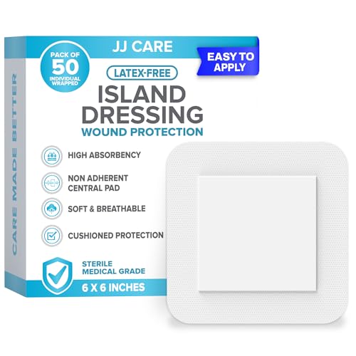 Adhesive Island Dressing [Pack of 50] 6x6 Sterile Bordered Gauze Breathable Island Wound Dressing Individually Wrapped Adhesive Gauze Bandages with Non-Stick Central Pad