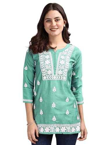 FORKEY Embroidery Designer Short Kurta Top for Women, Ideal for Festive Occasions and Stylish Everyday Wear (Light Green, Large)