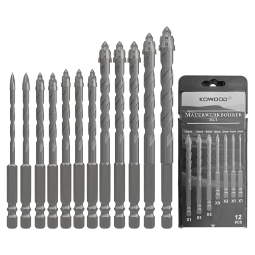 12 Teiliger Exzenterbohrer Set Beton, Multifunktions Sägezahnbohrer Mit 4 Schneiden,1/4 Sechskantschaft, Powerbit Bohrer für Porzellan, Keramik, Fliesen, Beton, Ziegelwand, Glas (3–12 mm)
