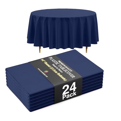 Image of Exquisite 66% Thicker Premium Navy Blue Round Tablecloth 0.5 Mil 24 Pack Plastic Table Cloth Disposable 84 Inch Round Plastic Tablecloth Won't Tear Easily Like Cheap Thin Brands