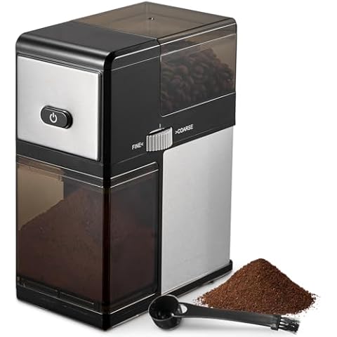 Automatic Burr Coffee Grinder, Flat Burr Mill with Adjustable Grind Settings, Perfect for French Press, Drip Coffee, and Espresso, Stylish Black & Silver Finish, by Yabano Cover