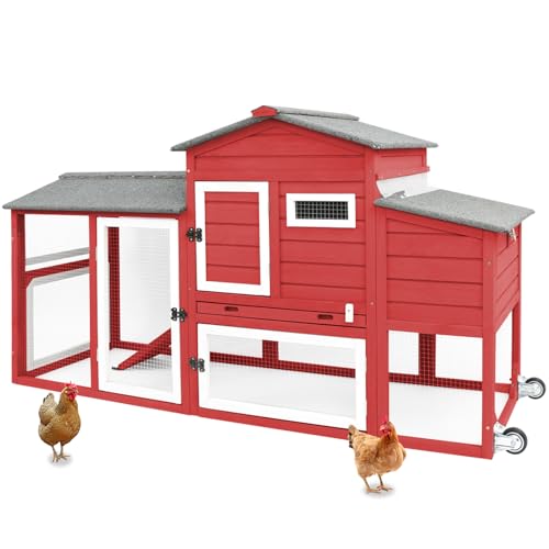 PetsCosset Chicken Coop with Wheels, Backyard Wooden Hen House Outdoor for 2-3 Chickens, 2 Story Poultry Cage Chicken Coop and Run, Nesting Box, Pull