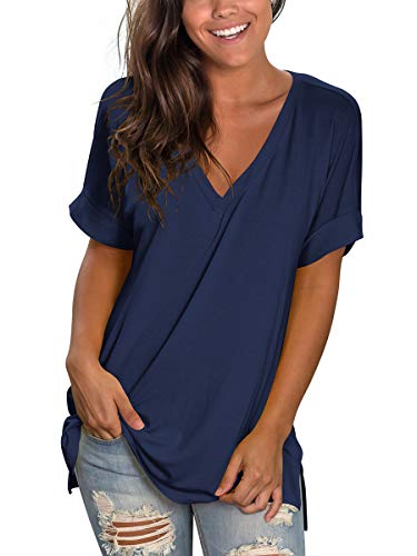 Image of Sampeel Women's V Neck T Shirts Casual Rolled Short Sleeve Side Split Summer Tops Loose Fit