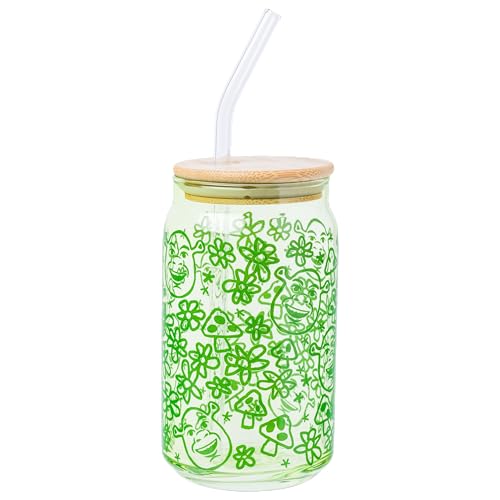 Silver Buffalo Shrek with Flowers and Mushrooms Green Doodle Pattern Glass Jar Tumbler with Bamboo Lid and Glass Straw, 16 Ounces