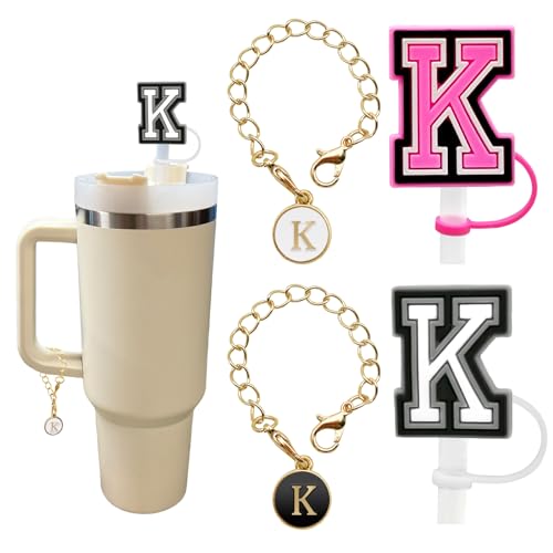 （2+2）2PCS Straw Cover for Stanley Cup 30&40 Oz 10mm Straw Topper with 2PCS Stanley Cup Accessories Letter Charms Name ID Initial Letter Handle Personalized Charm For Stanley Tumbler (Letter K)