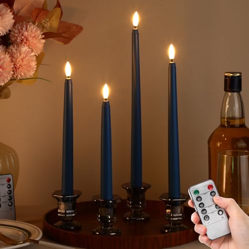 Image of Rossesay 16 Pcs Blue Flameless Taper Candles Battery Operated Candles with Remote Timer 8.5 inch 9.6 inch 10.8 inch 12.8 inch LED Flameless Flickering Candlestick for Halloween Christmas Wedding Party Decor