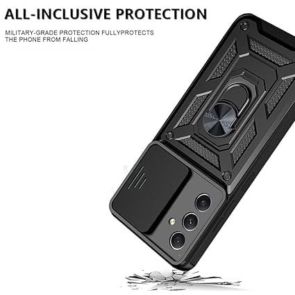 Image of SPAZY CASE Samsung Galaxy M36 5G Back Cover | Heavy Duty Hybrid Case with 360 Degree Rotating Finger Ring Holder + Slider Shutter Camera Protection Case for Samsung Galaxy M36 5G - Black