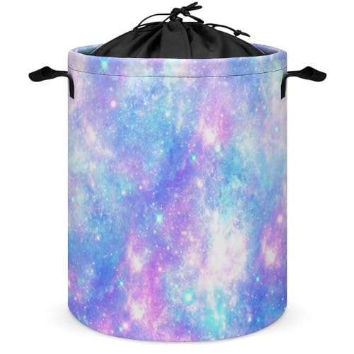 Image of Velumair Pink Blue Magical Galaxy Decor Laundry Basket Shiny Glitter Star Laundry Hamper with Lid Collapsible Laundry Baskets Dirty Clothes Hamper Bathroom Organizers And Storage