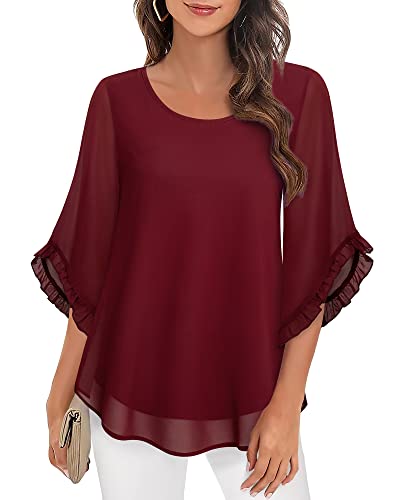 VAFOLY Damen Casual Lose Rüschen Trim Ärmel Bluse Doppellagige Arbeitshemden Chiffon Elegant Dressy Tops, Wein, Groß Cover
