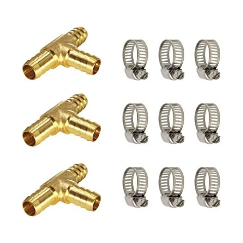 LIONMAX 3 Way Union Barb T Fitting 3 PCS, 5/16" x 5/16" x 5/16" ID Hose Barb, Brass Hose Barb Tee Fittings, with 9 Hose Clamps, for Water/Fuel/Air Cover