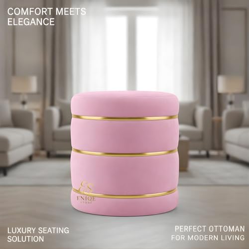 Image of Luxury Velvet Ottoman Stool | Modern Round Footrest with Gold Accent | Stylish Living Room & Bedroom Ottoman Baby Pink