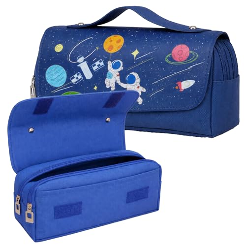 Image of FunBlast Multi-Purpose Pouch - Double Compartment Large Capacity Pouch - Happy Planet Zipper Pencil Case for Kids, Pencil Box for Kids, Stationary Pouch for Students School Supplies (Navy Blue-A)