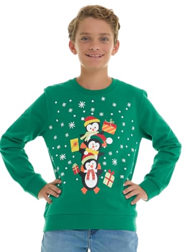 Sezzit Boys Christmas Sweatshirt Clasic Cozy Xmas Fleece Pullover with Festive Holiday Graphics Green Penguin -Size 4