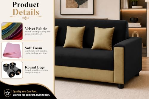 Image of Modern 3 Seater Sofa | Contemporary Upholstered Couch | Premium Cushioned Seating | Stylish Armrest Design | Comfortable Sofa for Living Room, Bedroom & Office - Black + Beige Color