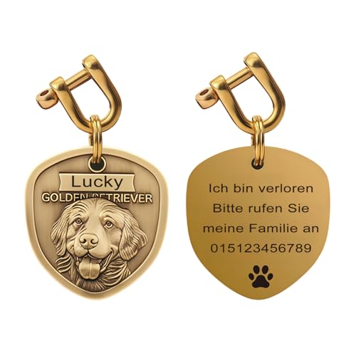Personalisierte Hundemarke aus Messing mit Gravur – 3D-Relief Hunderassen Portrait, beidseitig gravierbarer, Namensanhänger Adressanhänger Hund ID Tag für Hunde (Golden Retriever)