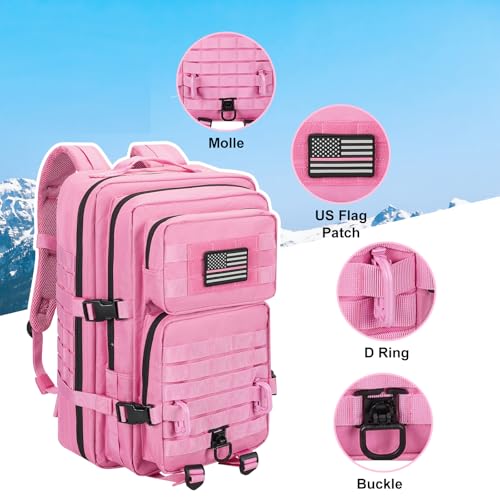 Image of Hannibal Tactical MOLLE Assault Backpack, Tactical Backpack Military Army Camping Rucksack, 3-Day Pack Trip w /USA Flag Patch, D-Rings, Pink