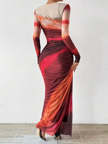 Image of Women's Tie Dye Long Sleeve Maxi Dress Mesh Bodycon Ruched Night Out Formal Cocktail Long Dress for Wedding Guest Party