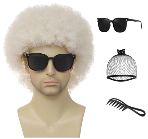 Image of Men's Afro Wig, 70s Disco Fluffy Curly Synthetic Wig, Retro Big Afro Wig for Halloween, Cosplay, 80s Theme Party and Bob Ross Costume.(Platinum Blonde)