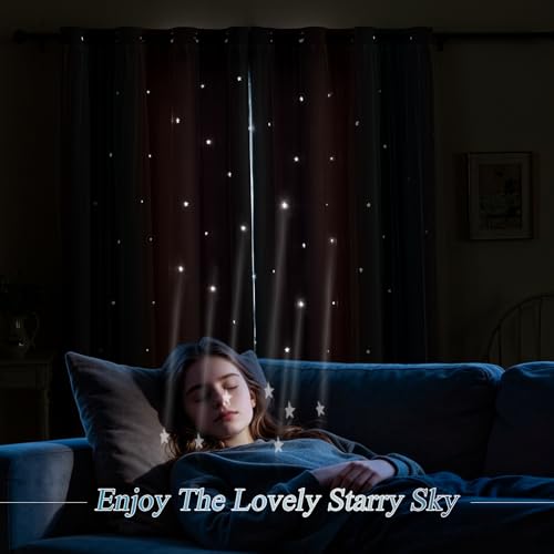 Image of indistar Dreamy Star Cutout Blackout Curtains with White Sheer,Double Layer Curtains for Girls Bedroom, Hollow Out Drapes for Nursery (2 Panel,52Wx95L,Purple Pink Blue)
