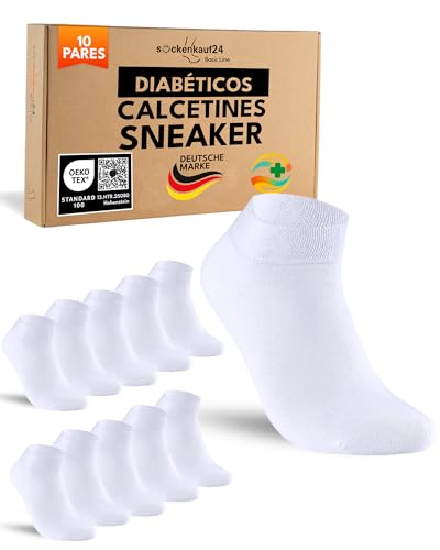 sockenkauf24 10 Pares Calcetines Diabéticos Tobilleros Mujer Cortos sin Elástico y sin Costuras con Cintura de Confort Algodón Blanco 35-38