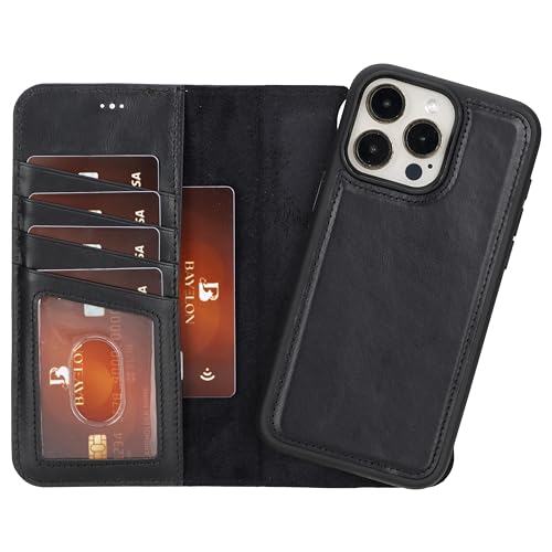 Bayelon Wallet Case for iPhone 15 Pro Max, Full Grain Leather Wallet, Detachable Magnetic Flip Cover, Card Holder, iPhone 15 Pro Max Wallet Case, MagSafe Compatible, RFID Blocking (Rustic Black)