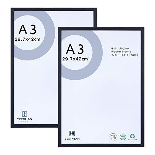 A3 Black Picture Frames - Solid Wood Frames with perspex Front for Wall Mounting,29.7x42cm Photo Frame/Paintings Frames/Poster Frame/a3 certificate frame for wall decor and home decor,Set of 2 Cover