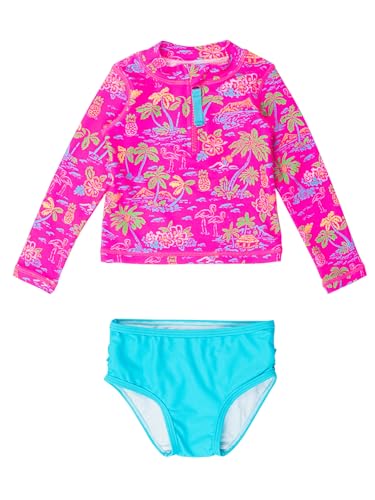Image of RuffleButts Baby /Toddler Girls Long Sleeve Rash Guard 2 Piece Swimsuit Set w /UPF 50+ Sun Protection with Zipper
