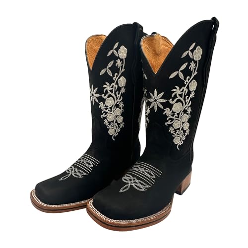 Womens Leather Square Toe Embroidered Western Cowboy Boot