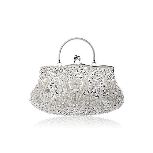 CORIOS Bolsa de Noche para Mujer Vintage Floral con Cuentas Clutch Embrague de Lentejuelas Bolsos de Fiesta Bolso de Boda Elegante Bolso de Hombro para Lujoso Fiesta de Graduación Banquete Plata