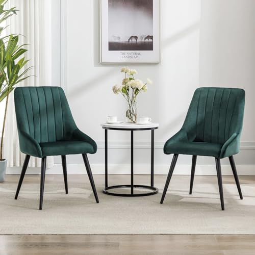 Image of Finch Fox Morris Velvet Dining Chair for Living Room, Bedroom, Home Office with Black Metal Legs in Dark Green Color