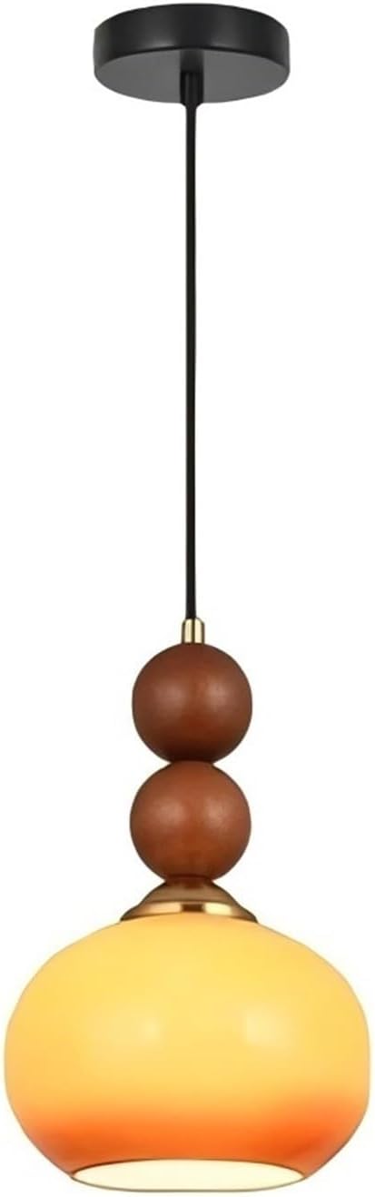 Orange Glass Pendant Light Mid Century Wood Hanging Lamp Adjustable Wire Pendant Lights for Bedroom Living Room Kitchen Island(1 Light)
