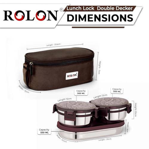 Image of ROLON Lunch Box for Office use Brown Leak Resistance Design Portable Durable Tiffin Box Stainless Steel Lunch Box, 2 Round Containers 300ml, 1 Roti Container 550ml with Insulated Lunch Bag for Office