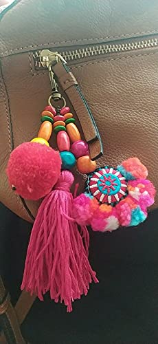 Hongtai 1 stuk bloem charme sleutelhanger, houten kralen en pompom sleutelhanger kleurrijke Boheemse stijl (Color : 1) - Image 4