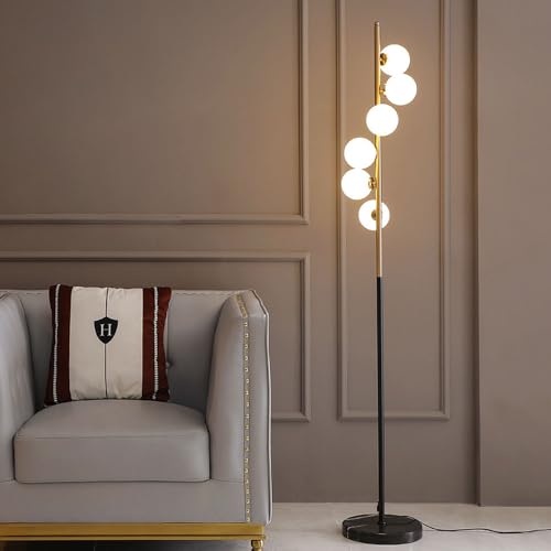 Wylolik Lámpara de pie con pantalla de vidrio blanco de 6 bolas Lámparas de pie modernas de lujo Lectura de esquina Lámpara vertical Atmósfera Luces de piso de pie Lámparas altas decorativas para sala