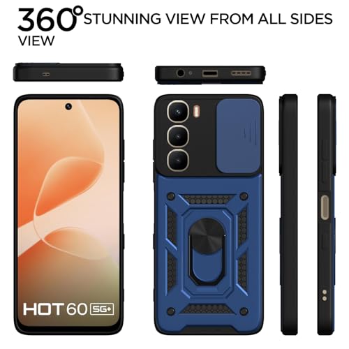 Image of Pikkme Back Cover for Infinix Hot 60 5G | 360 Protection Case | Sliding Camera Shield Cover & Ring Holder Stand D10 Tough Armor Bumper Case (Blue)