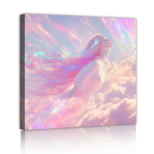 Fille rêveuse sur toile de nuages YUNART une touche de poésie et d'évasion murale
