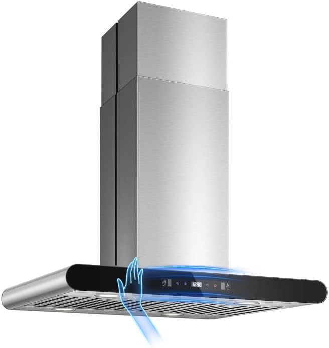 Tiesay Island Range Hood 30 inch, 700 CFM Dual-Sided Ceiling Mount Vent Hood, Convertible Ducted/Ductless, Touch,Gesture & Remote Control, 3-Speed Fan, 4 LED Lights, Stainless Steel