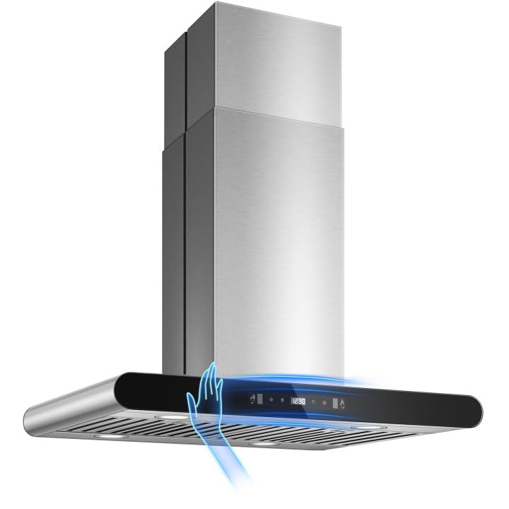 Image of Tiesay Island Range Hood 30 inch, 700 CFM Dual-Sided Ceiling Mount Vent Hood, Convertible Ducted /Ductless, Touch,Gesture & Remote Control, 3-Speed Fan, 4 LED Lights, Stainless Steel