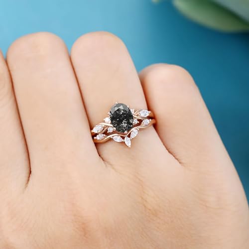 Natural Black Rutilated Quartz Wedding Rings Sets for Her Women,10K 14K 18K Gold Oval-Cut Black Rutilated Quartz Moissanite Engagement Ring Sets Gift for Anniversary Valentine's Day4