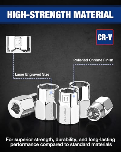 Image of WORKPRO 1 /4 inch Drive Socket Set, 10-Piece Metric CR-V Socket Set with Rail | Standard & Shallow Sockets, External Hex Socket, 4mm to 13mm, 6-Point, Size Markings, PVC Socket Organizer, for Auto Repairs