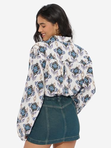 Image of The Souled Store Ikat Twist Women and Girls Long Sleeves Collared Neck Button Front Multicolor All Over Printed Cotton Boyfriend Shirts