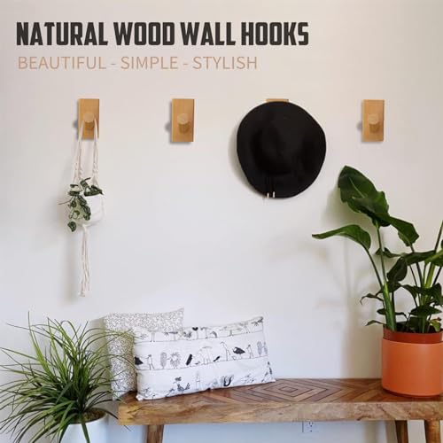 Biomoty Wood Wall Hooks, 4 Pack Adhesive Coat Hooks, Natural Wooden Hat Rack, Decorative Sticky Hooks Wall Mounted, Heavy Duty Wall Hangers For Hanging Purse thumb #1