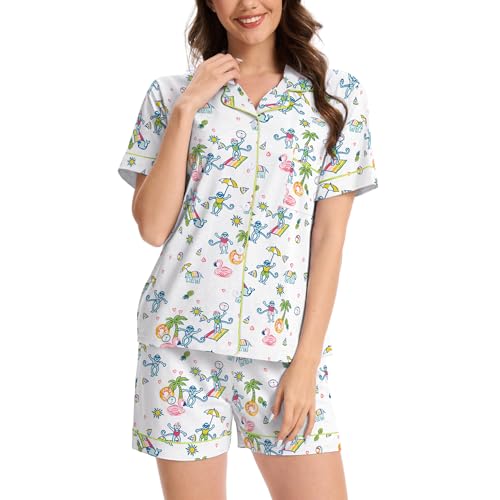 Image of Ammiko Womens Pajamas Set Y2k Loungewear Pajama Button Down Top and Shorts Monkey Beach Short Sleeve Sleepwear Preppy