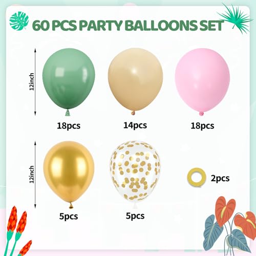 Image of Pink and Green Balloon, 60PCS Sage Green Party Balloon, 12Inch Olive Pastel Pink Balloons Metallic Gold Confetti Balloons for Baby Shower Wedding Jungle Cactus Birthday Party Decoration