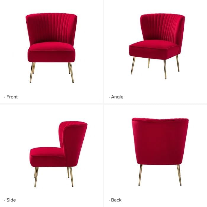 Image of Modern Upholstered Accent Velvet Chair Single Seater Channel Tufted Wing Back Chair with Golden Matel Legs for Living Room, Bedroom, Dining Room, Red