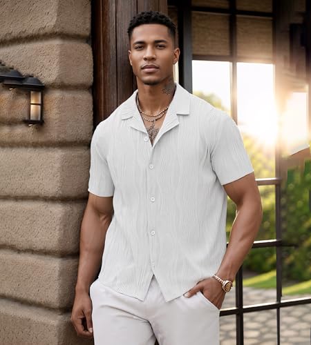 UOUA Men's Summer Button Down Shirts Short Sleeve Textured Beach Shirt Casual Hawaiian Vacation Tops4