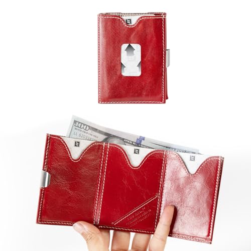 Image of LLH Leather Trifold Wallet - RFID Blocking with Stainless Steel Locking Clip Wallet, Minimalist Front Pocket RFID Blocking Credit Card Holder (Red)