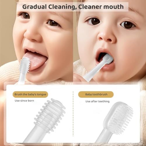Image of StarAndDaisy Baby Baby Toothbrush and Baby Tongue Cleaner set for Toddler Oral Care, Soft Silicone Toothbrush - (White)