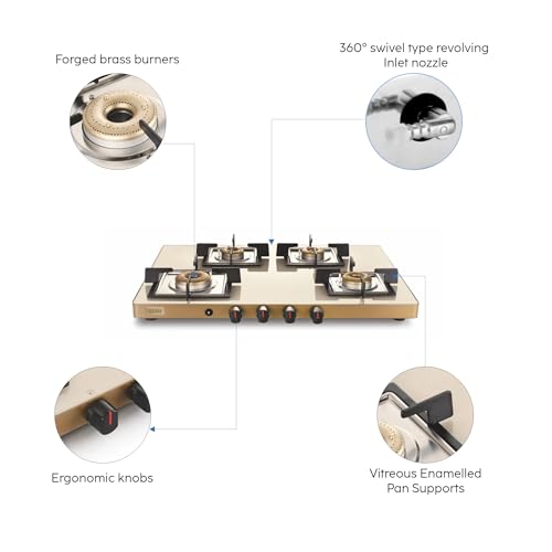 Glen 4 Burner Ultra Slim Glass Gas Stove 1 High flame Forged Brass Burner | Revolving Inlet Nozzle | 2-Year Warranty On Product By Brand... - Image 3