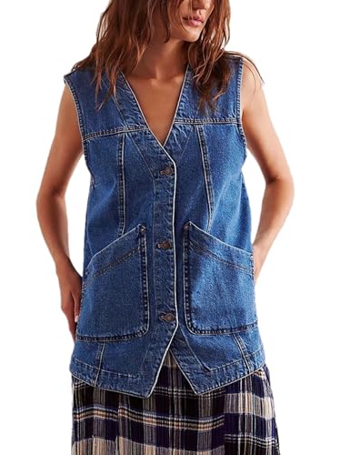 Zontroldy Women's Denim Vest V Neck Button Down Sleeveless Jeans Jacket Outerwear Vests with Pockets